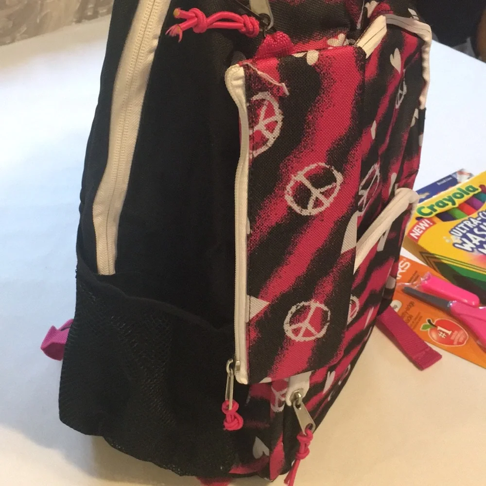 Backpack NEW 10 Pc Back to School Pink Hearts Peace signs markers scissors, More